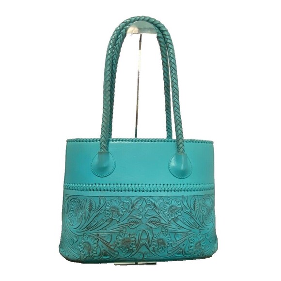 Alexandro Yeo Mexican Leather Tooled Embossed Turquoise Tote Braided Handle - Picture 1 of 16